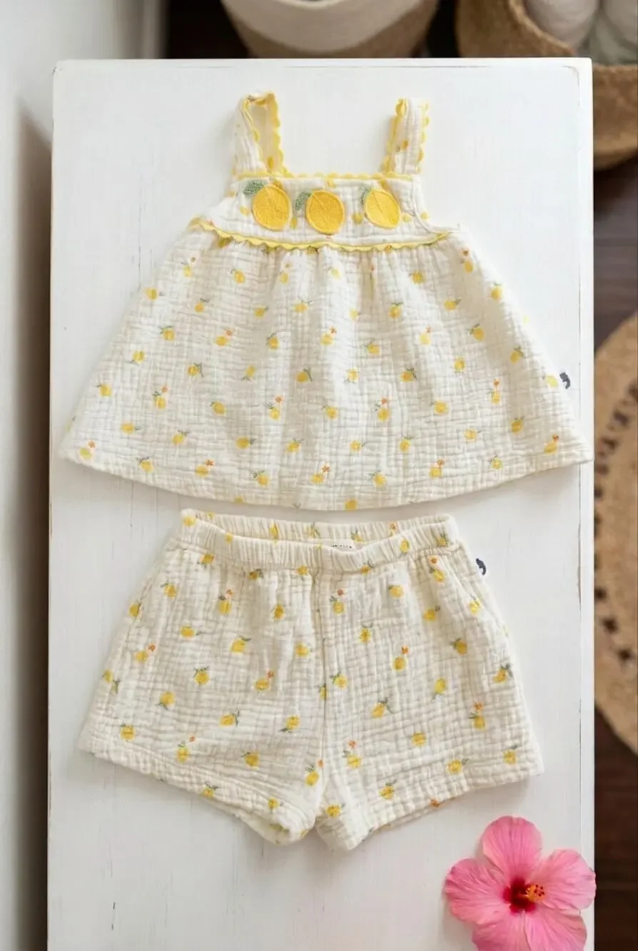 Rabbit Bear Organic Cotton Lemon Muslin 2 Piece Top Shorts Set Size 3T